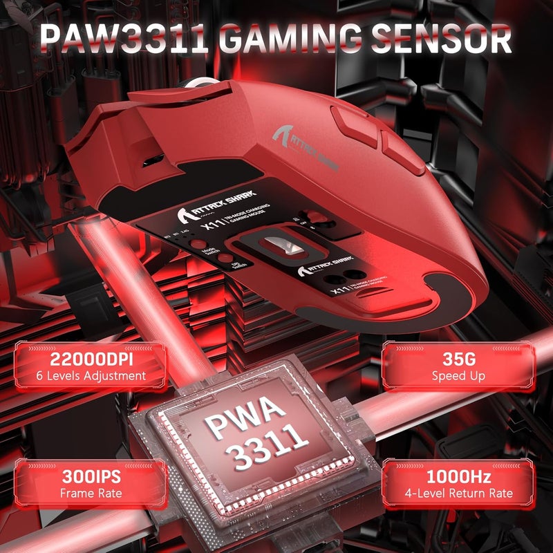 Magic-Refiner Attack Shark X11 59g Superlight Wireless Gaming Mouse with Magnetic RGB Charging Dock，BT/2.4G Wireless/Wired Mouse, 22000 DPI，5 Programmable Buttons for PC/Laptop/Mac（Red） - Image 4